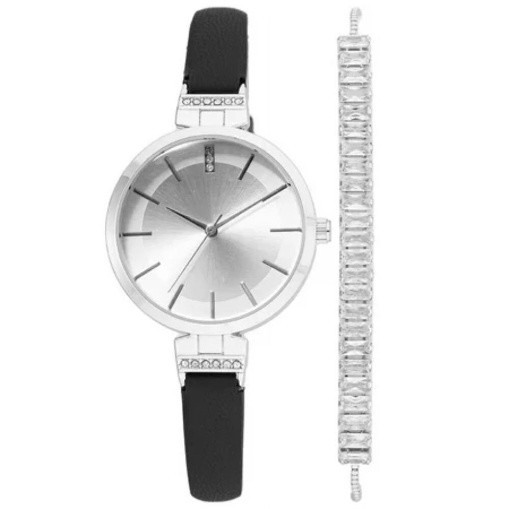 Time and Tru Ladies Quartz Watch Black Vegan Strap + Crystal Bracelet Set
